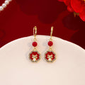 Elegant Chinese New Year Red Enamel Dragon Fu Charm Rhinestone Pearl Alloy Hoop Stud Earrings view 4