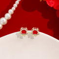 Elegant Chinese New Year Red Enamel Dragon Fu Charm Rhinestone Pearl Alloy Hoop Stud Earrings view 3