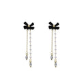Vintage Burgundy Velvet Bow Pearl Chain Tassel Alloy Rhinestone Elegant Long Drop Earrings view 5