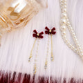 Vintage Burgundy Velvet Bow Pearl Chain Tassel Alloy Rhinestone Elegant Long Drop Earrings view 2