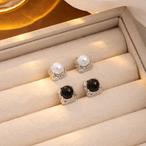 Vintage Hepburn Style Square Textured Alloy Studs With Black White Faux Pearl Geometric Luxury Earrings