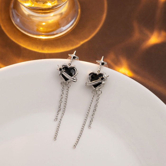 Cool Black Enamel Heart And Shooting Star Rhinestone Alloy Long Tassel Chain Drop Stud Earrings