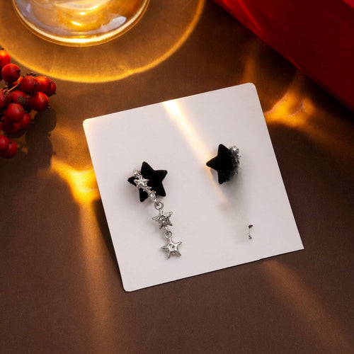 Elegant Women's 925 Silver Needle Micro Pave Zircon Five Point Star Velvet Tassel Drop Earrings