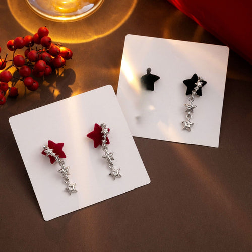 Elegant Women's 925 Silver Needle Micro Pave Zircon Five Point Star Velvet Tassel Drop Earrings