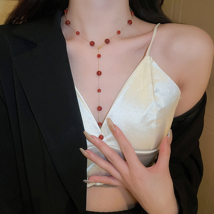 Real Gold Plated Faux Agate Red Beaded Necklace, Vintage Minimalist Geometric Collarbone Chain