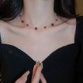 Real Gold Plated Faux Agate Red Beaded Necklace, Vintage Minimalist Geometric Collarbone Chain view 3