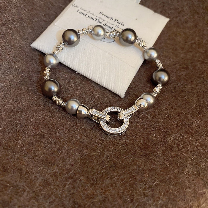 Geometric Round Faux Pearl Zircon Bangle, Elegant Irregular Fashion Bracelet