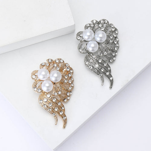 Alloy Rhinestone Pearl Flower Brooch Pin For Women's Coats