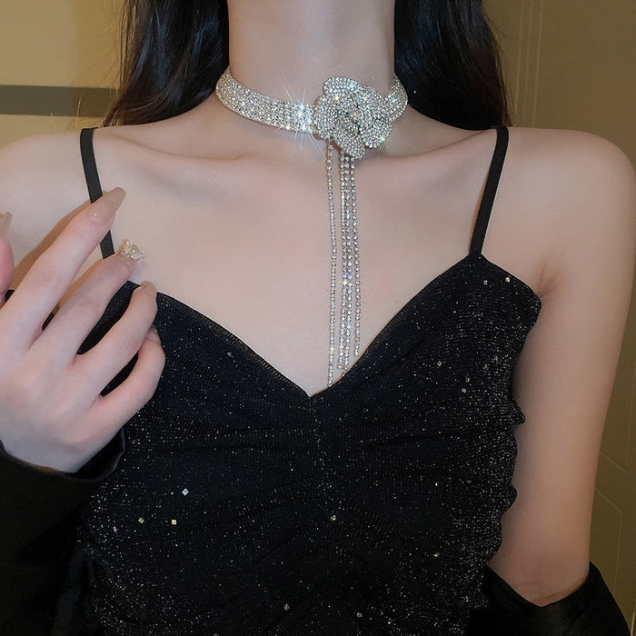 Copper Rhinestone Flower Tassel Choker Necklace Light Luxury Dress Collarbone Jewelry