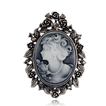 Black Silver Tone Woman Portrait Openwork Crystal Two Designs Metal Brooch Pin