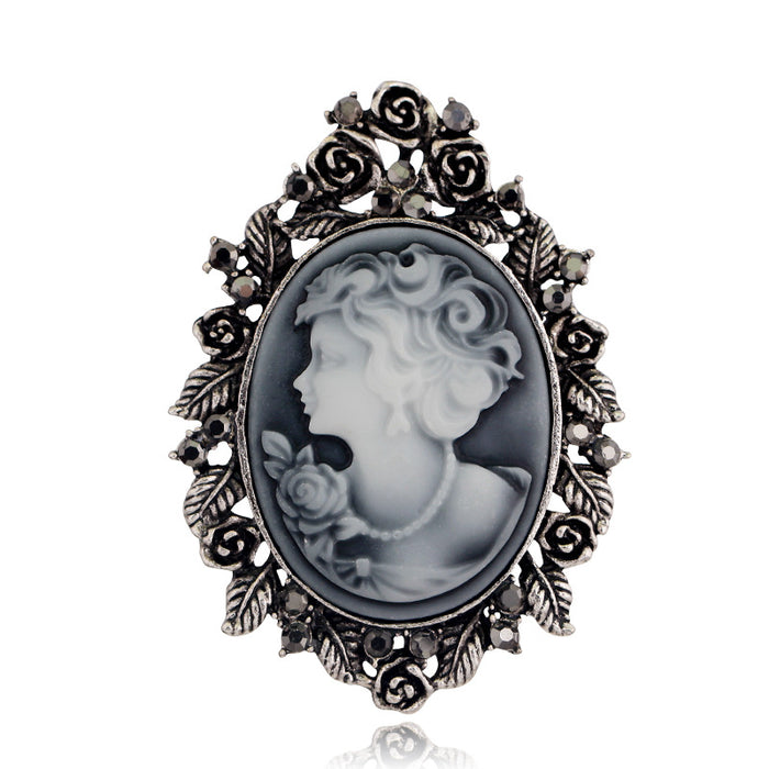 Black Silver Tone Woman Portrait Openwork Crystal Two Designs Metal Brooch Pin