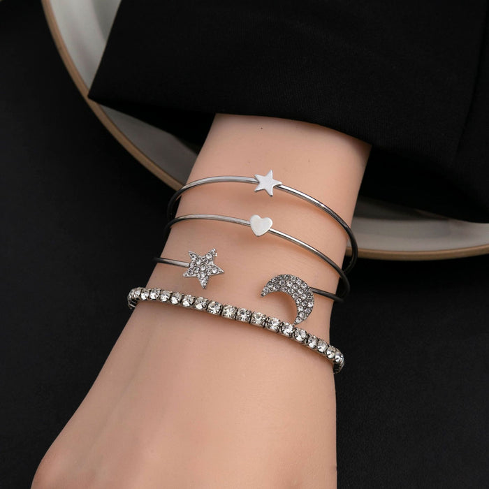 European Micro Pave Rhinestone Star Moon Heart Open Bangle Bracelet Set 4 Pieces
