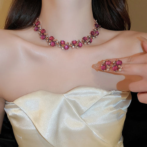 Faux Pearl Rhinestone Flower Jewelry Set, French Vintage Necklace And Bracelet For Women