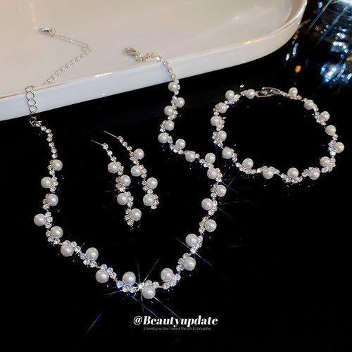 Faux Pearl Rhinestone Wave Choker Necklace Jewelry Set For Women Korean Fresh Style