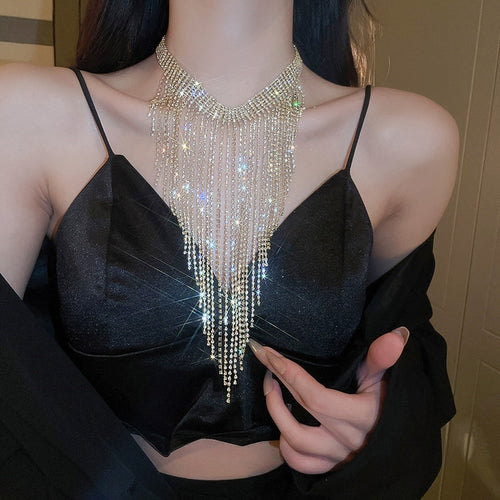 Luxury Copper Rhinestone Long Tassel Necklace Geometric Statement Choker For Women