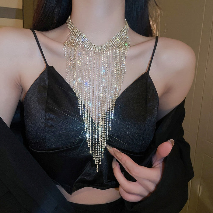 Luxury Copper Rhinestone Long Tassel Necklace Geometric Statement Choker For Women