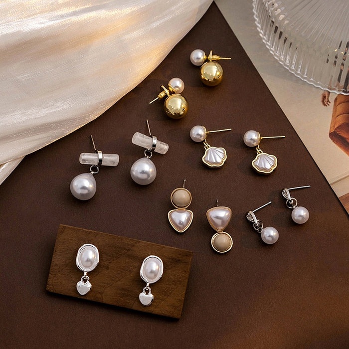 Elegant Geometric Round Oval Heart Faux Pearl Alloy Two-Way Stud Drop Women's Fashion Earrings