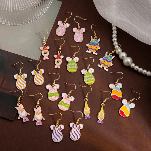 Creative Easter Egg Earrings With Cartoon Enamel Bunny Colorblock Patchwork Drop Earrings For Women
