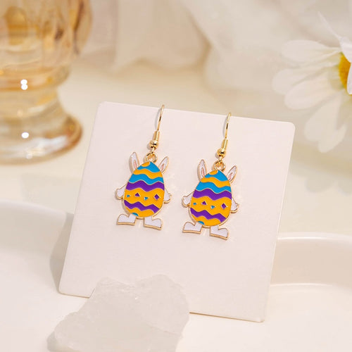 Creative Easter Egg Earrings With Cartoon Enamel Bunny Colorblock Patchwork Drop Earrings For Women