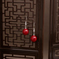 Vintage Chinese Style Red Round Pearl Drop Earrings With Silver Alloy Hooks Elegant Geometric Dangle Earrings view 4