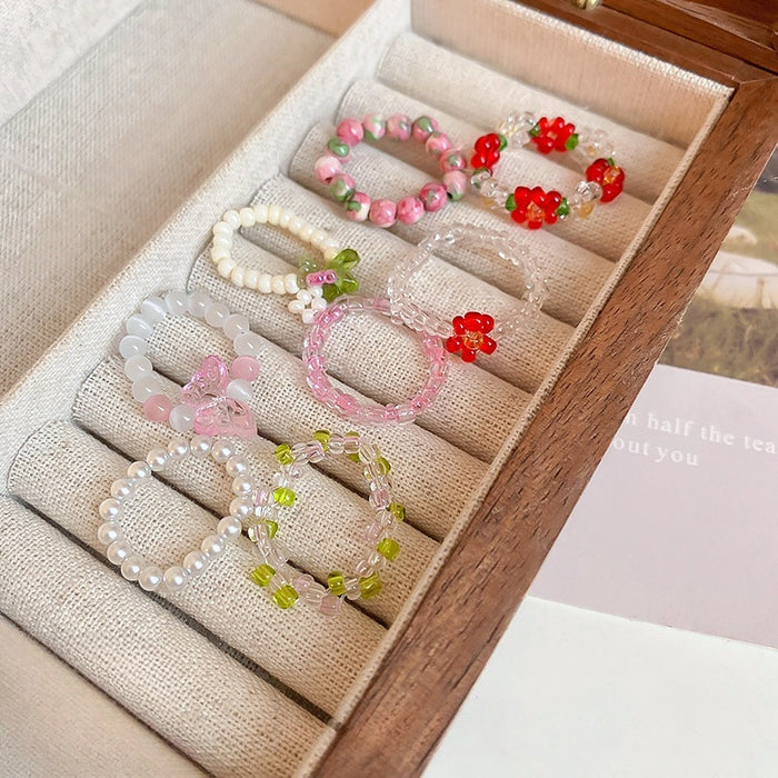 Irregular Flower Glass Beaded Elastic Ring For Women