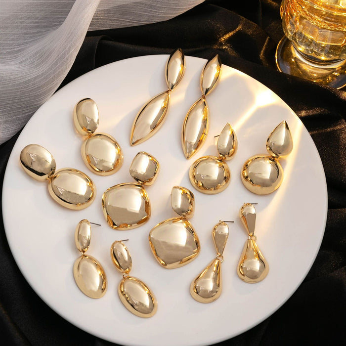 Elegant Luxury Gold Alloy Geometric Round Teardrop Oval Smooth Metal Statement Drop Earrings