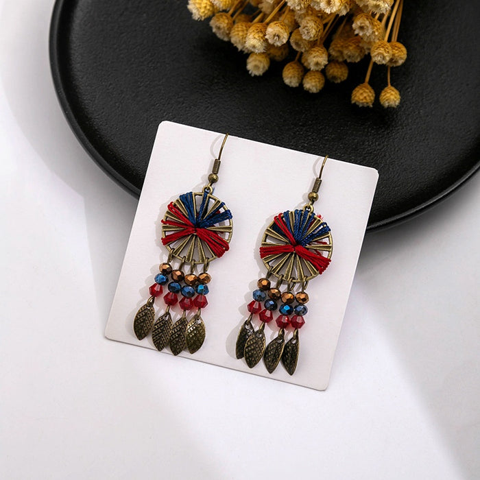 Vintage Bohemian Ethnic Woven Round Alloy Beaded Long Tassel Hook Dangle Earrings