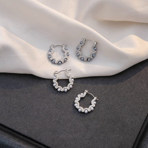 Elegant Korean Silver Alloy U-Shaped Hoop Pearl And Rhinestone Lightweight Luxury Women's Earrings