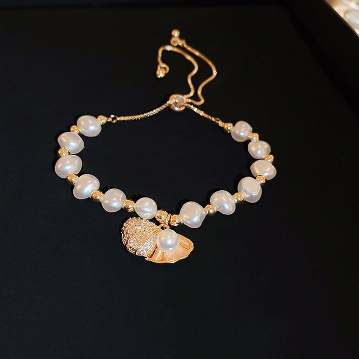 Adjustable Faux Pearl Zircon Shell Geometric Irregular Charm Bangle For Women