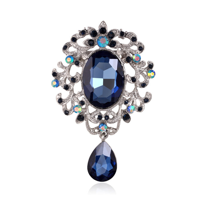 Blue Silver Tone Ornate Oval Crystal Dangle Crystal Three Designs Metal Brooch Pin