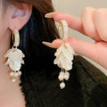 Sweet Geometric Shell Pearl Zircon Micro Pave Long Drop Earrings With Silver Pins view 2