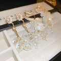 Sweet Geometric Shell Pearl Zircon Micro Pave Long Drop Earrings With Silver Pins view 1