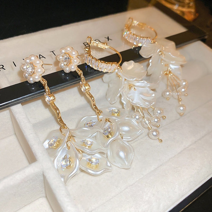 Sweet Geometric Shell Pearl Zircon Micro Pave Long Drop Earrings With Silver Pins