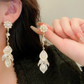 Sweet Geometric Shell Pearl Zircon Micro Pave Long Drop Earrings With Silver Pins view 4