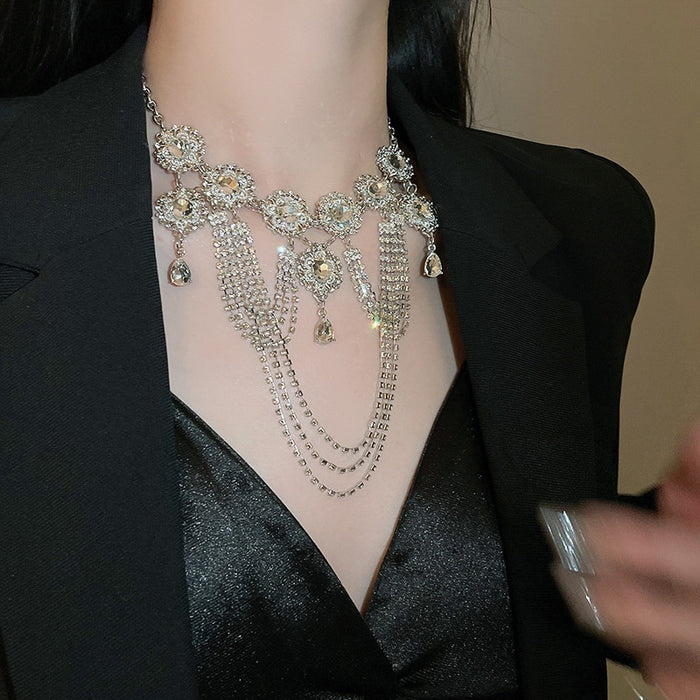 Rhinestone Alloy Multi Layer Tassel Geometric Necklace Vintage Court Style Luxury Choker