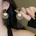 Vintage Alloy Rhinestone Portrait Geometric Round Tassel Drop Earrings With Silver Pins view 1