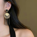 Vintage Alloy Rhinestone Portrait Geometric Round Tassel Drop Earrings With Silver Pins view 3