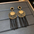 Vintage Alloy Rhinestone Portrait Geometric Round Tassel Drop Earrings With Silver Pins view 2