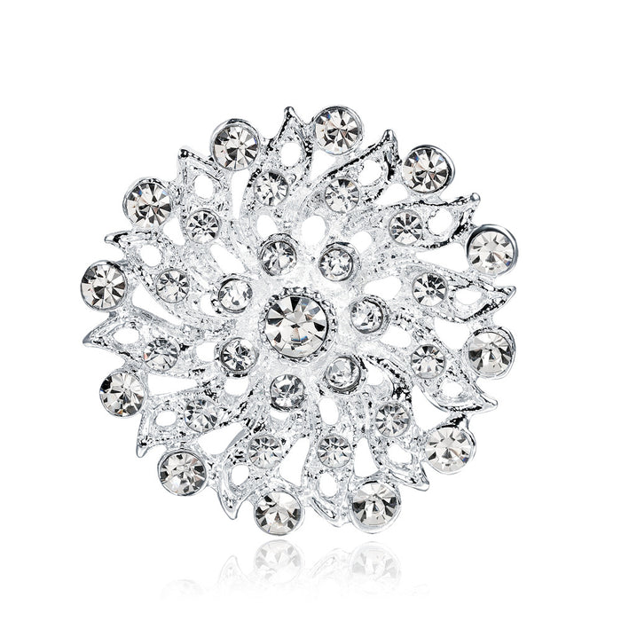 Silver Tone Flower Openwork Crystal Metal Brooch Pin 4 x 3.4 cm