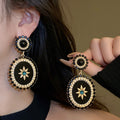 Black Alloy Oval Pearl Drop Earrings For Women, Vintage Geometric Statement Design view 2