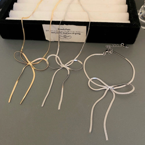 Minimalist Metal Bow Snake Chain Necklace Geometric Cold Style Clavicle Jewelry