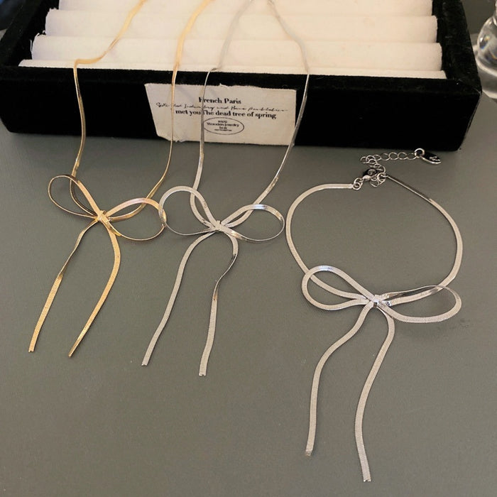 Minimalist Metal Bow Snake Chain Necklace Geometric Cold Style Clavicle Jewelry