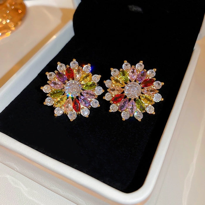 Gold Plated Silver Needle Colorful Zircon Flower Stud Earrings Sweet Elegant Floral Jewelry