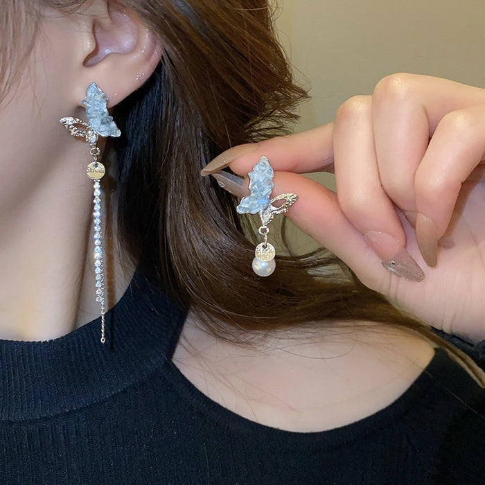 Asymmetric Butterfly Drop Earrings With Faux Pearl And Crystal, Chic Fashion Style