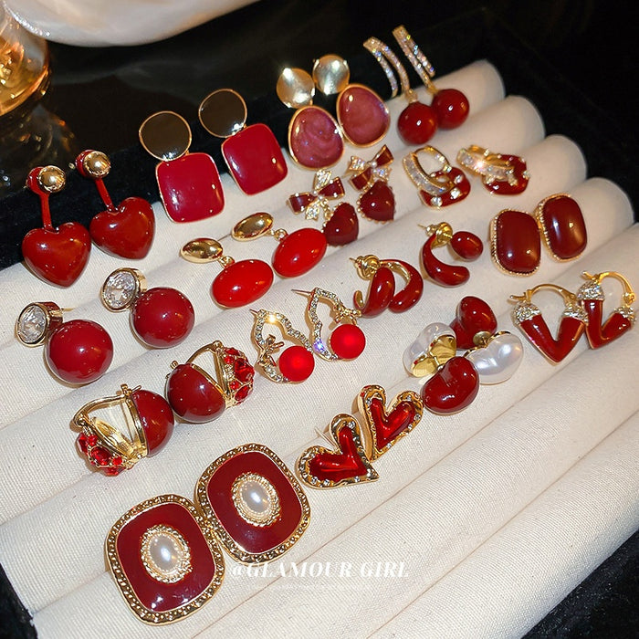 Chic Red Enamel Round Geometric Alloy Stud Earrings Vintage Festive New Year Jewelry