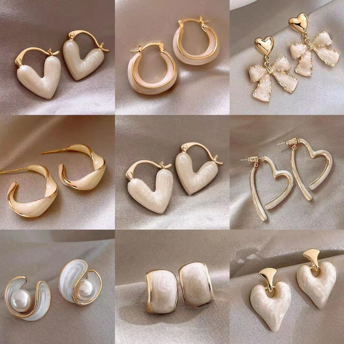 Alloy White Enamel Flower Geometric Heart Stud Earrings Korean Minimalist Sweet Fashion Jewelry