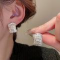 Minimalist Silver Metal Pleated Geometric Hoop Earrings With Silver Needle Korean Chic Style view 2
