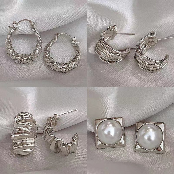 Minimalist Silver Metal Pleated Geometric Hoop Earrings With Silver Needle Korean Chic Style