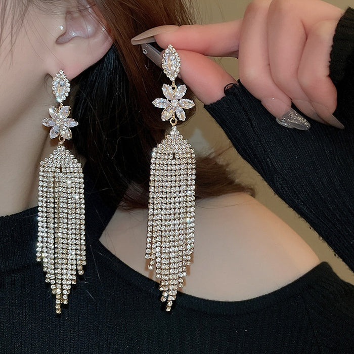 Copper Zircon Flower Long Tassel Drop Earrings With Silver Needle For Evening Dress