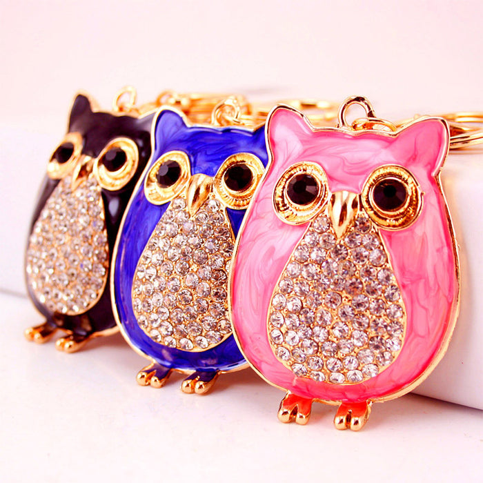 Clear Stone Owl Alloy Keychain in Pink, Blue, Black or Random Color